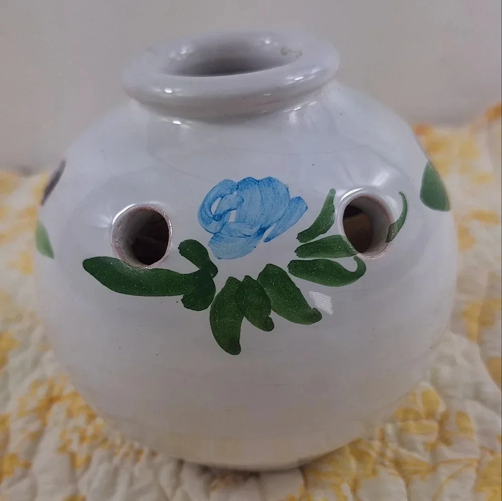 Pique-Fleurs Made In France Hand Painted Vase 6 Holes Blue Flower/Green Leaves